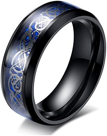 Chryssa Youree DRAGON Men Women 8mm Stainless Steel Carbide Ring Blue Black Silver Carbon Fiber Silver Celtic Dragon Inlay Wedding Band Size 6-12 (YW-04) (size 11, black-blue)