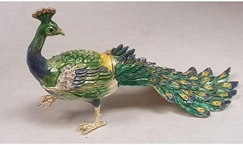 Green and Blue Peacock Bird Bejeweled Crystal Jewelry Trinket Box