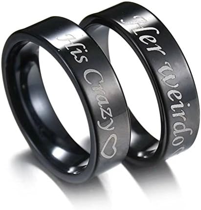 Couple Rings Wedding Band Anniversary Engagement His and Her Promise Ring His Crazy Her Weirdo Black Titanium Steel Ring 6mm