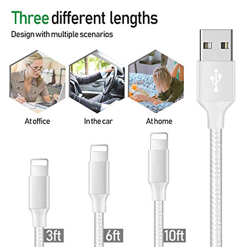 iPhone Charger, MFi Certified Lightning Cables 5Pack 2x3FT 2xFT 10FT to USB Syncing Data and Nylon Braided Cord Charger for iPhone Xs/Max/XR/X/8/8Plus/7/7Plus/6S/6S Plus/SE/iPad and More - Sliver