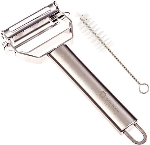 QKitchen Dual Vegetable Julienne Peeler with Cleaning Brush ~ Very Sharp Blade and Easy To Clean ~ Perfect For Potato, Carrot, Zucchini, Apple and Cucumber