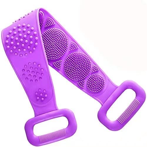 Silicone Bath Body Brush, Bath Exfoliating Silicone Body Back Scrubber for Shower, Extended 70 cm Exfoliating Body Scrubber for Men and Women,Bathing Accessories Long Handle (Purple))