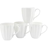 Fine Bone China Pure White Coffee Mugs, Pumpkin Shape 15 oz Large Capacity, Set of 4 Tea Cups, Thin Thickness and Light Weight, With Large Handle Comfortable to Hold, Microwave and Dishwasher Safe