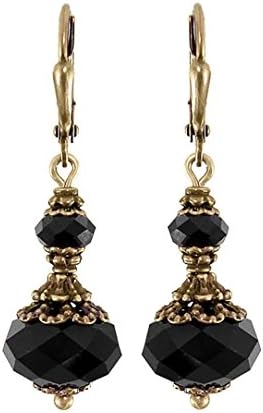 Victorian Style Black Swarovski Crystal Rondelle Leverback Earrings with Antiqued Brass Filigree
