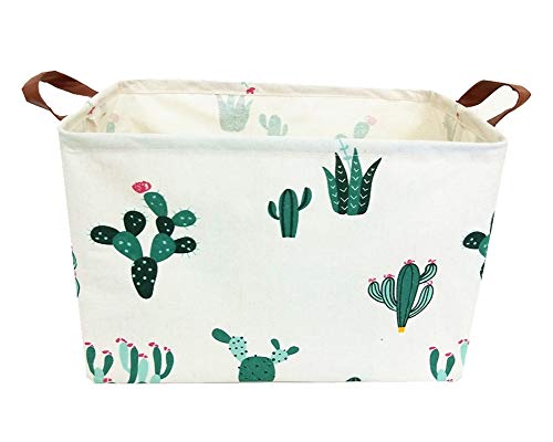 TIBAOLOVER Square Natural Linen & Cotton Fabric Storage Bin with Handles for organizing Kids Toy/Playroom Organization/Toy Bin/Closet/Shelf Baskets/Baby Hamper(Green and Red Cactus) - Thumbnail 5
