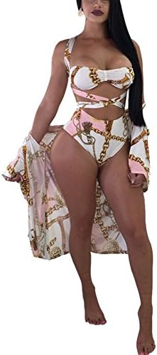 Aleng Women's Sexy Three Pieces Tops Bottoms and Floral Cover Up Summer Beach Bikini Set Swimsuit