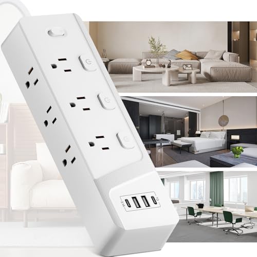 KIROGILY Multicontacto Regleta Extension Electrica con Protector Supresor de Picos Voltaje, Enchufe Plano, 1.8 M, 6 Tomas de Ca y 4 USB (2 USB-C), Sleek Socket, Excelente para Oficina y Hogar