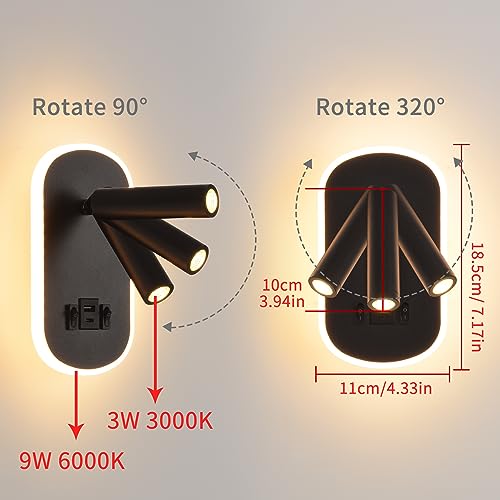 LED Reading Lamp with Switch, USB Charging Port + Type C Reading Light, 3W 3000K+9W 6000K Rotatable Wall Light for Reading, Indoor Inblack Wall Lighting, Night Lamp Bedroom Hotel