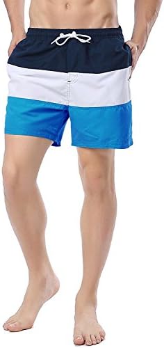 SHDAS Striped Mens Quick Dry Swim Trunks with Mesh Lining Navy/White/Blue Size Medium