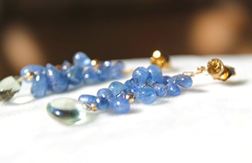18K gold citrine earrings with tiny tanzanite pear gems and large 12mm perfect green amethyst hearts-Free expedited shipping!