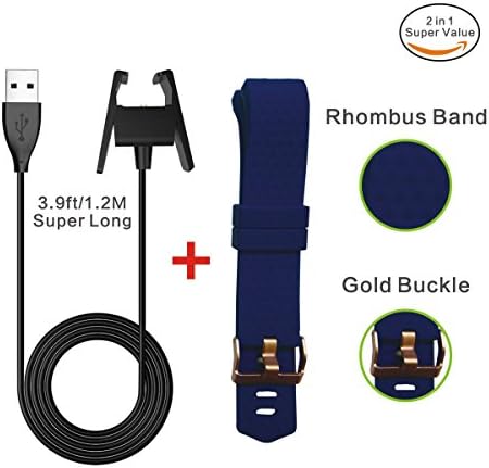 Fitbit Charge 2 Extra Long Wire Charger Cable 3.9ft/1.2M+Fitness Fitbit Wristband Gold Clasp Soft Diamond Bands,Blue Large