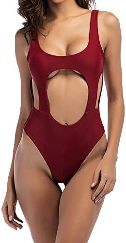 ZILucky Women's High Cut One Piece Bathing Suit Backless Thong Brazilian Bikini Swimsuits (Red Wine, Small)
