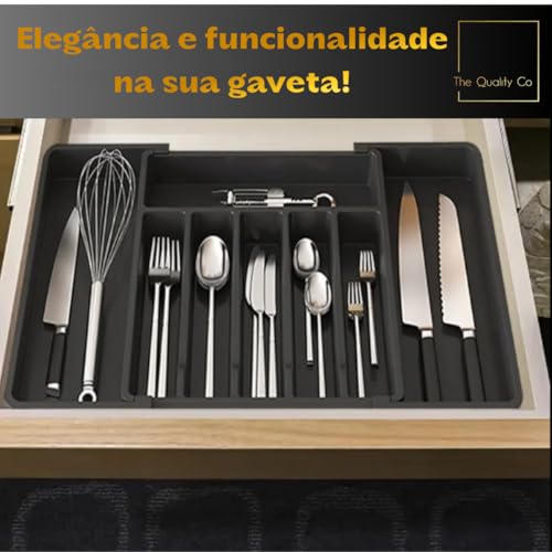Porta Talheres Organizador Gaveta Ajustável com 8 Divisórias Preto Bandeja Grande Divisor Versátil para Cozinha Ideal Talher Utensílios Facas Suporte Separador Plástico Resistente.