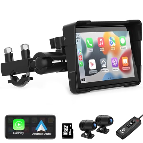Photo 1 of Wireless Carplay for Motorcycle, 5 inch CarPlay & Android Auto Waterproof Touch Screen for Motorbike, Dual 2K Motorcycle Camera, Moto GPS Navigation, Voice Control, 128GB TF Card