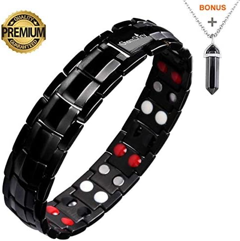 Double Strength Titanium Magnetic Therapy Bracelet Dual Row 4 Bio Elements Energy Balance for Mens Arthritis Relief Pain Carpal Tunnel + Hematite Pendant Necklace