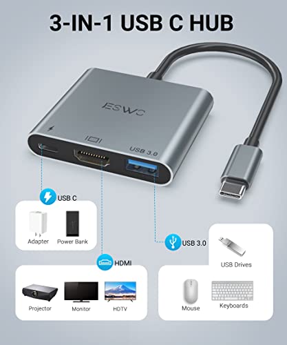 JESWO Adaptador USB C a HDMI, 3 en 1 Adaptador Tipo C Multipuerto USB C Hub con Puerto de Salida HDMI 4K, Puerto USB 3.0 y Puerto de Carga PD, Compatible con MacBook Pro/MacBook Air/Mini/iMac