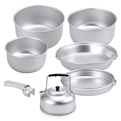 Lixada1 Portable Outdoor Camping Cookware Set Lightweight Anodized Aluminum Cookset Cooking Pot Pan Tea Kettle Set with Handle