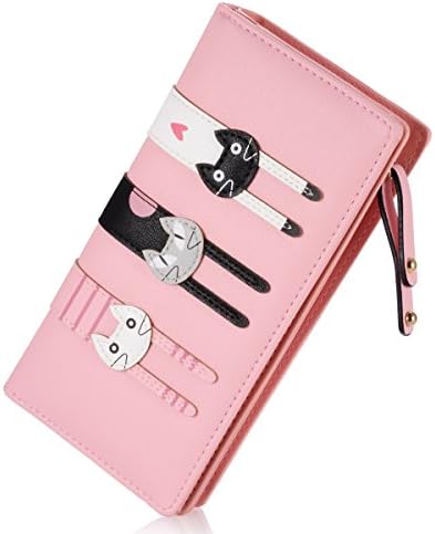 Women's Wallet Leather Long Clutch Cute Cat Bifold Purse with Zipper (Pink)