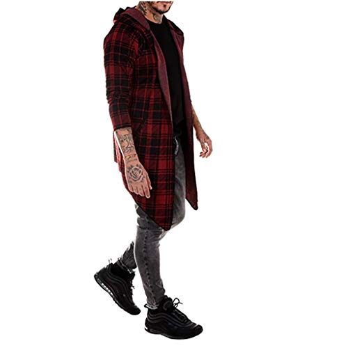 MIS1950s Men Splicing Hooded Trench Long Coat Stylish Plaid Cardigan Jacket - Thumbnail 3