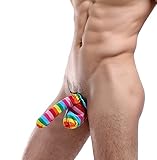 Men's Sexy Weapon for Boudoir Rainbow Stripe Fun Thong G-string Penis Dick Briefs Underwear (Rainbow)
