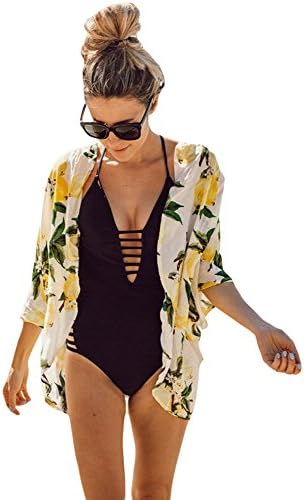 Woman Newest Arrival 3/4 Sleeve Open Front Lemon Swim Cover Up Boho Beach Dresses Sundress