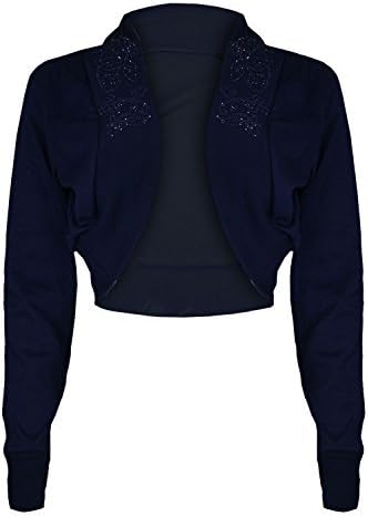 Womens Ladies Diamantes Bead Stud Stretchy Cotton Bolero Cardigan Shrug Crop Top