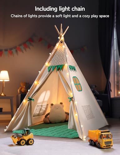 besrey Kids Play Tent Indian Canvas Teepee Cotton with Padded Mat and Fairy Lights (Green and White)