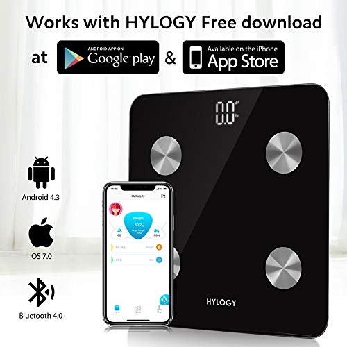 Bluetooth Body Mass Scale, HYLOGY Smart Wireless Digital Bathroom Fat Scale with iOS and Android App for Body Weight, Body Fat,Body Moisture Rate,Muscle Mass,BMI,BMR,Bone Mass and Visceral Fat