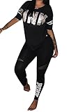 Daomumen Womens Tracksuit Sets V Neck 2 Piece Short Sleeve Letter Print Jogger Plus Size Summer Sweatpants
