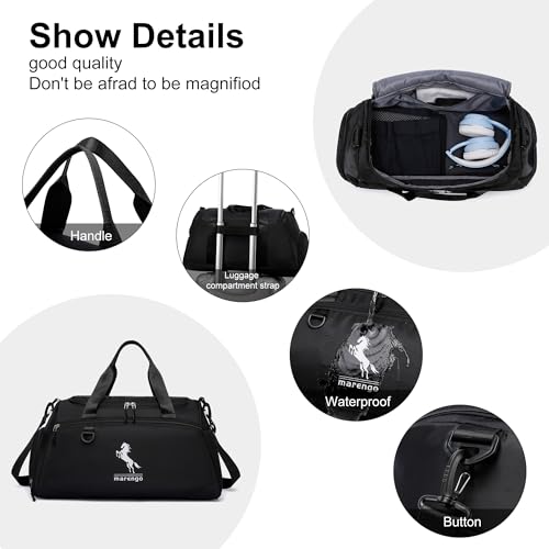 Marengo Durable Gym Bag with Wet Shoes Compartment Lightweight Travel Bags for Men Women Waterproof Duffle Bag for Carryon Overnight Weekend Getaway Sports Yoga Mommy Maternity Hospital Black