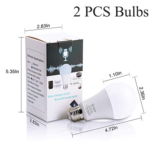 Smart WiFi LED Light Bulb A19 800Lm, Color Changing, Dimmable, No Hub Required, iOS/Android Smartphone APP Remote Control Home Night lamp, Work with Alexa & Google Assistant (2 Pack)