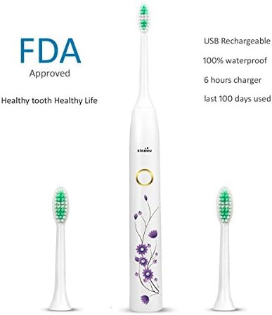 Sonic Electric Toothbrush for Youth NEWSTART 100 Days Power Rechargeable 2 Replacement Heads Bergson (Purple Flower)