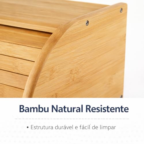 Porta Pão de Bambu Tampa Retrátil 40x27x16 cm Organizador para Bancada Armazena Pães e Bolos Abertura Deslizante Compacta Estrutura Natural Resistente para Cozinha e Mesa Posta