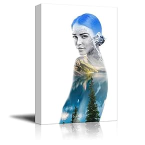Canvas Wall Art - Double Exposure with Mountain Lake and Woman - Giclee Print Gallery Wrap Modern Home Art Ready to Hang - 12" x 18"