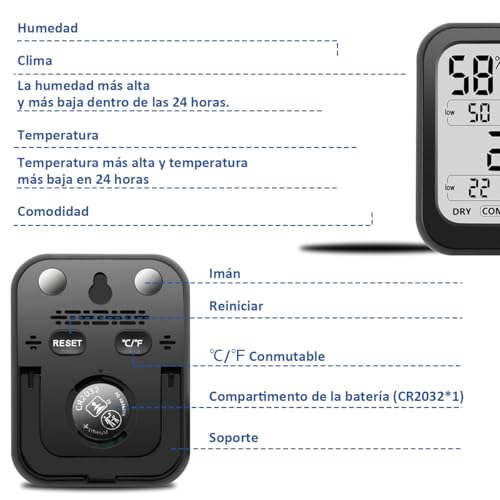 Termómetro Higrómetro Digital, Monitor de Temperatura y Humedad para Interior Exterior con Pantalla LCD Grande, ℃/℉Conmutable, Termómetro de Habitación para Humidificador y Climatización Hogar Oficina