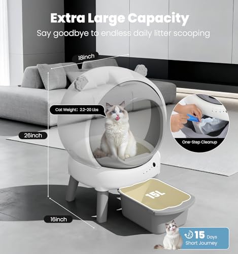 Self Cleaning Litter Box for Multiple Cats, 15L Large Automatic Litter Box with Smart APP Control, 35dB Ultra-Quiet Self-Cleaning Cat Litter Box, Dual Safety Infrared Sensors, Smell-Free, Gray-A