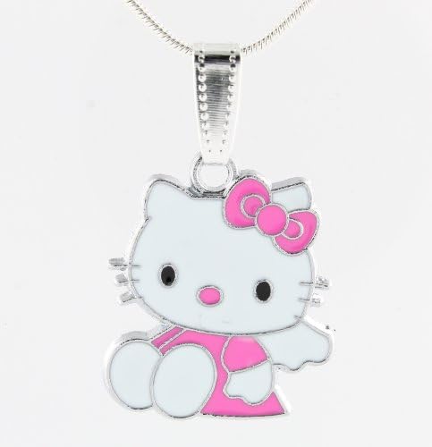 Happy Valentine's Day ! Hello Kitty Cat Pink Bow Pretty Dress Enamel Pendant with Necklace.
