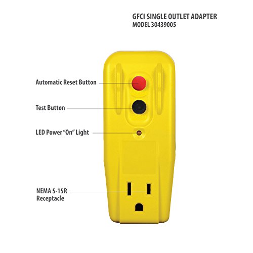 Tower Manufacturing 30439005 Auto-Reset 15 AMP Grounded 3-Prong GFCI Single Outlet Adapter, Yellow - Thumbnail 2