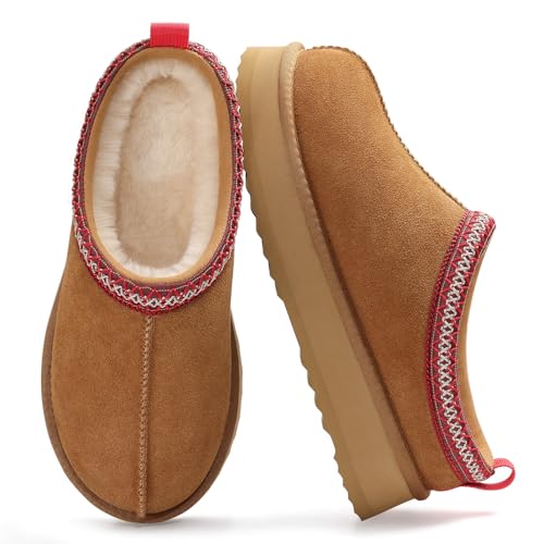 KIDMI Genuine Suede Platform Slippers for Women Fuzzy Winter Warm Shoes Indoor Outdoor