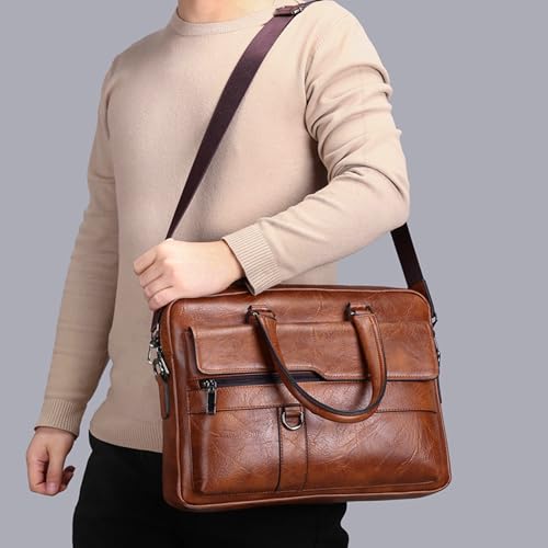 Aishini Men's Leather Briefcase & Messenger Bag - 16 inch Laptop Satchel with Adjustable Shoulder Strap, Waterproof Large Capacity Business Handbag for Professionals - [ 42 x 38 x 6cm ] Tan Brown | ASLPTOP02