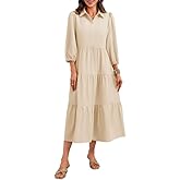 Wenrine Womens Casual Button Shirt Dress V Neck 3/4 Sleeve Tiered Collared Flowy Maxi Dress Beige