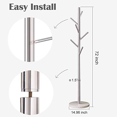 Jolitac Metal Coat Rack Stand Satin Steel Finish Stable Marble Base, High-Grade with Hooks Metal Tree Hat & Coat Hanger Floor Free Standing Wall Bedroom Easy Assembly (Satin Steel)
