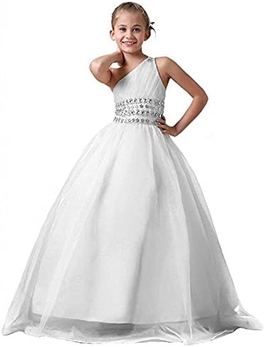 Girls One Shoulder Chest Full Crystal Ball Gown Floor Length Pageant dresses 12 US picture white