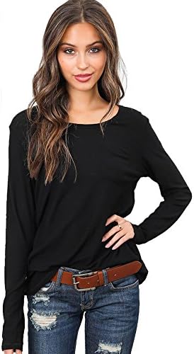 Xander Women Solid Loose Fit Long Sleeve Pocket Blouse Crew Neck Casual Long T-Shirt Tops (M, Black)