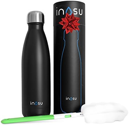 Vacuum Insulated Water Bottle + Brush + Gift Box and Bow, Double Walled Stainless Steel, Swell Shape 17 oz (500ml), BPA Free, Condensation Free, Matted Black (Bow, 17oz)