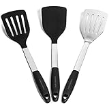 Spatula Set Heat Resistant Silicone And Stainless Steel Metal - Best Flexible Silicone Rubber Grip Pancake Turners, Egg Flippers - Spatulas For Non Stick Cookware - 3-Piece Kitchen Turner Set