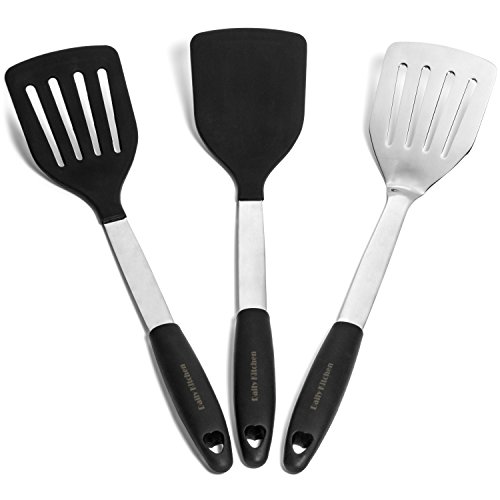 Spatula Set Heat Resistant Silicone And Stainless Steel Metal - Best Flexible Silicone Rubber Grip Pancake Turners, Egg Flippers - Spatulas For Non Stick Cookware - 3-Piece Kitchen Turner Set