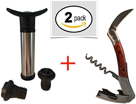 WINE LOVER VARIETY PACK BUNDLE: Premium Professional Stainless Wine Vacuum Pump Saver Set with Stoppers and Deluxe Professional Waiters Stainless Corkscrew Wine Key with Beer Opener