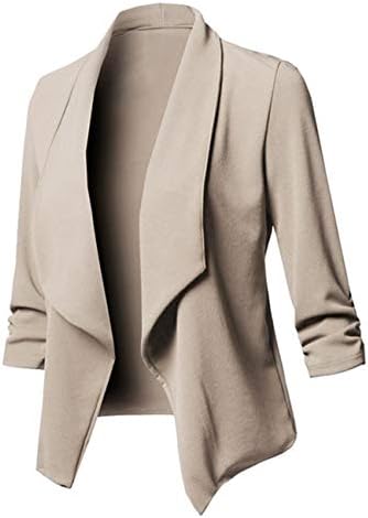 Uranus Women's Stretch 3/4 Gathered Sleeve Open Blazer Jacket Lightweight Work Office Blazer Jacket