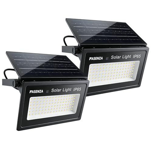 FASENZA Lámpara Solar Exterior: 2000 Lúmenes, 6500K, Batería 4400mAh, Carga 6h Iluminación 12h, 4 Modos de Luz, IP65 Impermeable para Jardín, Patio, Garaje, Granero, 2 Años de Garantía, 2 Paquetes